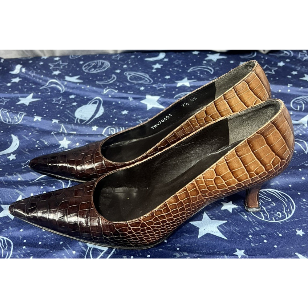 Stuart Weitzman Pumps Heels 7.5N Leather Crocodile Brown Ombre Pointy Toe Work - Picture 4 of 12